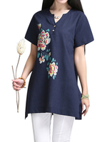 Women Loose Flower Printing V-Neck Cotton Linen T-Shirt