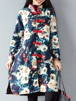Women Loose Folk Floral Mandarin Collar Button Coat
