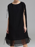 Women Loose Jacquard Drawstring O-Neck Sleeveless Casual Dresses