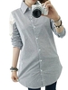 Women Loose Lace Patchwork Stripe Long Sleeve Lapel Blouse