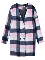Women Loose Long Sleeve Plaid Double Breasted V-neck Woolen Coat