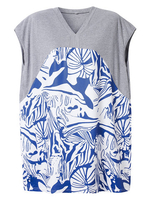 Women Loose V-Neck Short Sleeve Printed Patchwork T-Shirt