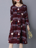 Women Loose Vintage Printed Pocket Long Sleeve O Neck Dress
