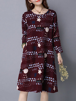 Women Loose Vintage Printed Pocket Long Sleeve O Neck Dress