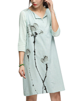 Women Lotus Ink Painting Cotton Linen Dress