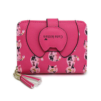 Women Lovely Cat Tassel Printing Zipper Hasp Short Wallet
