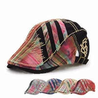 Women Men Cotton Washed Beret Cap Lines Stripe Adjustable Buckle Newsboy Cabbie Hat