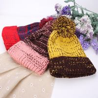 Women Mix Two Color Knit Hat Fluff Ball Wool Cap