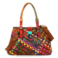 Women Multi-Color Weave Genuine Leather Hasp Handbag Shoulder Bag Crossbody Bag