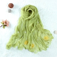 Women National Style Chiffon Scarf Yellow Flowers Embroidery Long Shawl Scarves