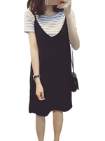 Women O-Neck Stripe T-Shirt Two-Piece Straps Dress