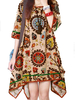 Women O-Neck Totem Printing Irregular Cotton Linen Dress