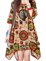 Women O-Neck Totem Printing Irregular Cotton Linen Dress