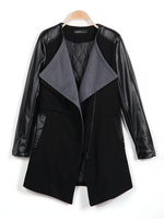 Women Parchwork Zipper Halter Long Sleeve Turn Down Collar Thick Coats