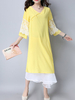 Women Patchwork Fake Two Pieces 3/4 Sleeve Vintage Dresses