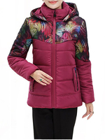 Women Patchwork Long Sleeve Printed Hooded Thicken Down Coat