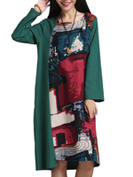 Women Patchwork Long Sleeve Printed Loose Cotton Vintage Dresses