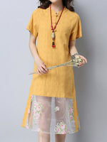 Women Patchwork Plate Buckles Short Sleeve Vintage Dresses
