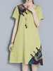 Women Patchwork Short Sleeve Plate Buckle Vintage Dresses