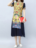 Women Patchwotk Short Sleeve Printed Chinese Style Dresses
