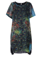 Women Peacock Printed Fake Two-piece High Low Dress
