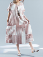 Women Pink Stripe Cotton Short Sleeve Maxi Dresses
