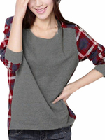 Women Plaid Patchwork Long Sleeve Shirt Loose Cotton Blouse