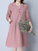 Women Plaid Long Sleeve Pocket Buttons Vintage Dresses