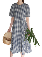 Women Plaid Short Sleeve O-Neck Mid-Long Vintage Dresses