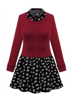 Women Plus Size Knitting Splicing Long Sleeve Lapel Dress