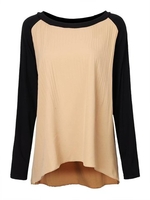 Women Plus Size Long Sleeve Splicing Chiffon Pleated T-shirt