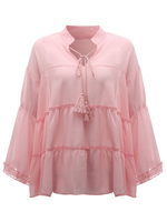 Women Plus Size Solid Flared Sleeve V-neck Chiffon Blouse