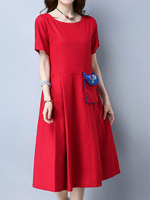Women Pocket High Waist Vintage Short Sleeve Dresses