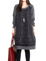 Women Pocket Loose Patchwork Long Sleeve O-neck Cotton Dress