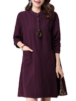 Women Polka Dots Long Sleeve Pocket Vintage Cotton Mini Dress