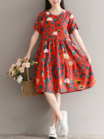 Women Printed High Waist Short Sleeve Buttons Vintage Dresses