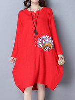 Women Printed Long Sleeve Buttons Irregular Hem Vintage Dresses