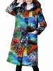 Women Printed Long Sleeve Hooded Pocket Button Long Coat