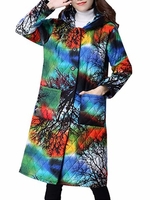 Women Printed Long Sleeve Hooded Pocket Button Long Coat
