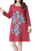Women Printed Long Sleeve Pockets Knee-Length Dress