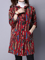Women Printed Long Sleeve Vintage Single Breasted Hooded Coat