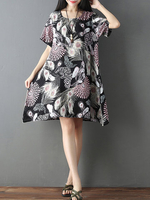 Women Printed Loose O-Neck Short Sleeve Casual Dresses