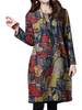 Women Printed O-Neck Long Sleeve Pocket Straight Knee-Length Dress