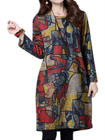 Women Printed O-Neck Long Sleeve Pocket Straight Knee-Length Dress