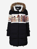 Women Printed Patchwork Fur Collar Hood Cotton Thicken Coat
