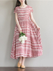 Women Printed Short Sleeve High Waist Cotton Long Maxi Dresses