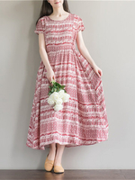 Women Printed Short Sleeve High Waist Cotton Long Maxi Dresses