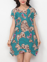 Women Printed Short Sleeve Irregular Hem Mini Dresses