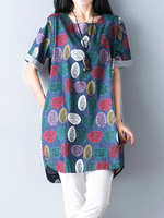 Women Printed Shorts Sleeve O-Neck Irregular Hem Denim Dresses
