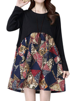Women Printed Stitching Long Sleeve Pockets Mini Dress